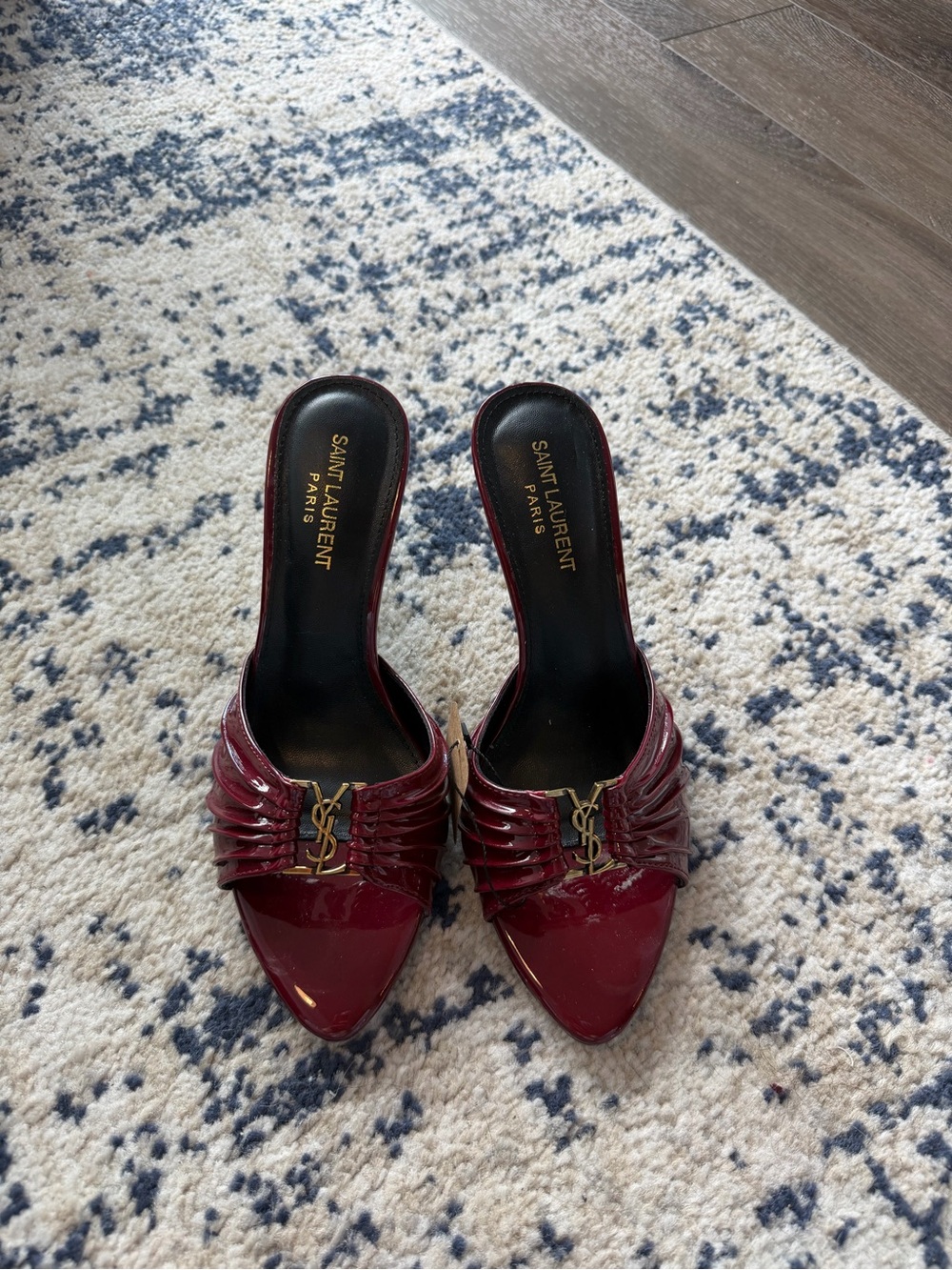 Saint Laurent Burgundy Patent Leather Pointed Toe Logo Mules